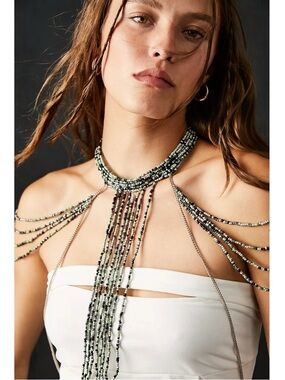 Free People Bohemian Beaded Festival Baez Body Chain Green Noir Statement NWT
